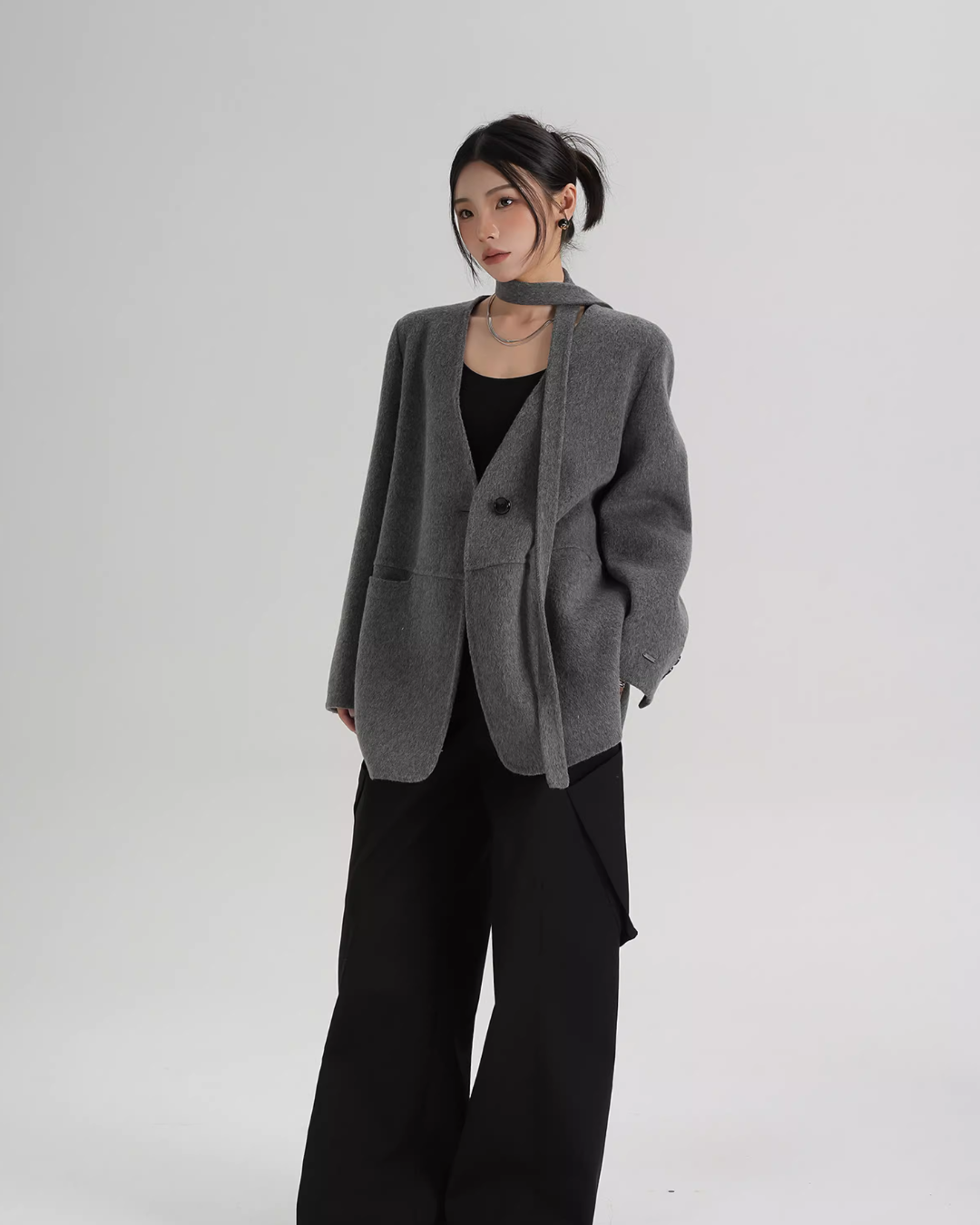 Collarless Wool Coat with Choker Collarless Wool Coat with Choker