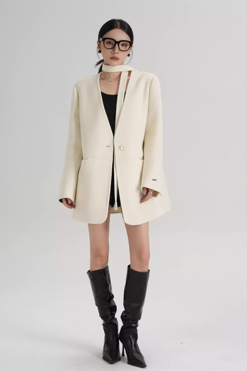 Collarless Wool Coat with Choker