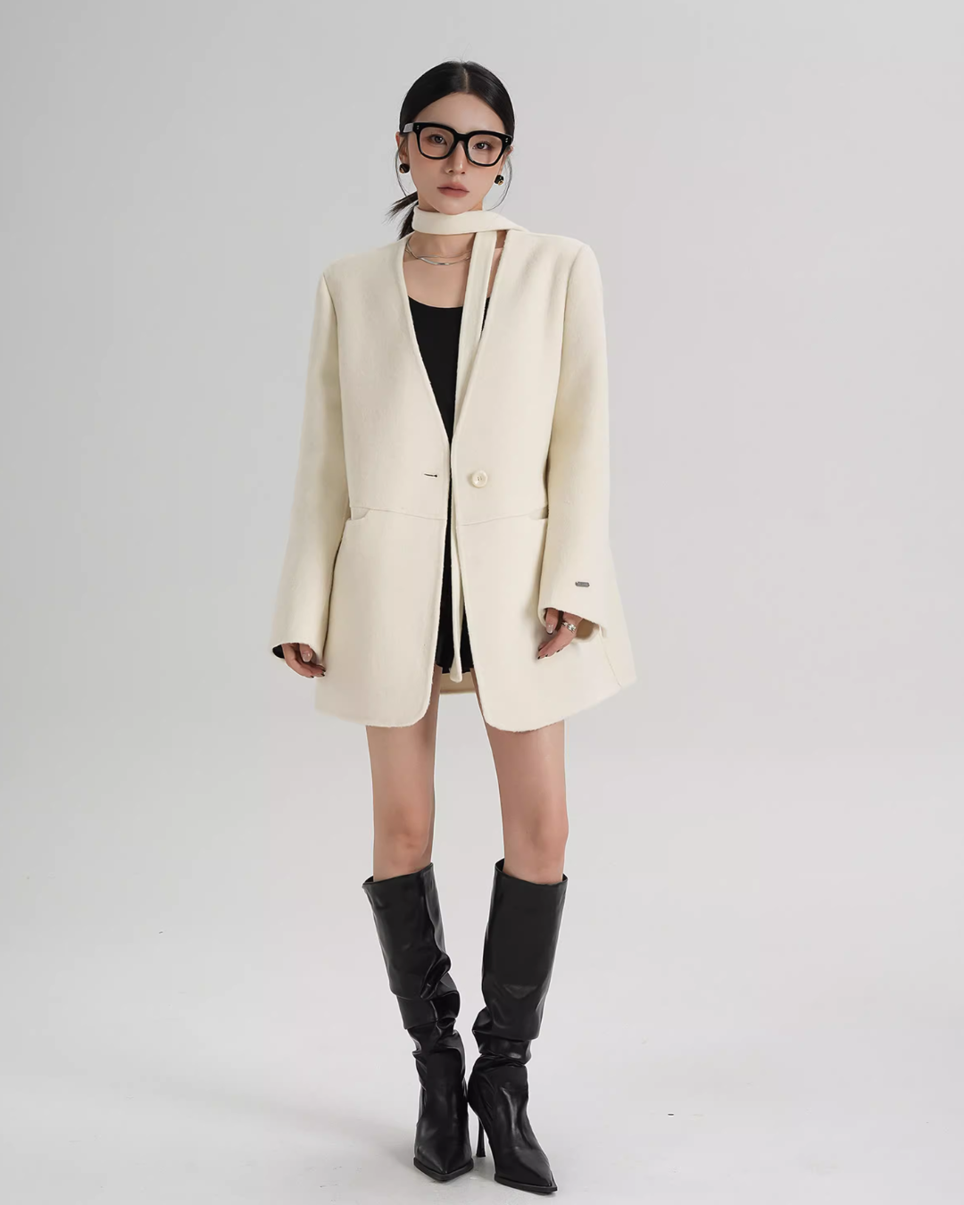 Collarless Wool Coat with Choker Collarless Wool Coat with Choker