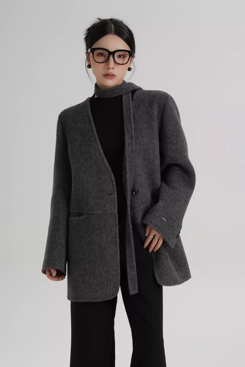 Collarless Wool Coat with Choker