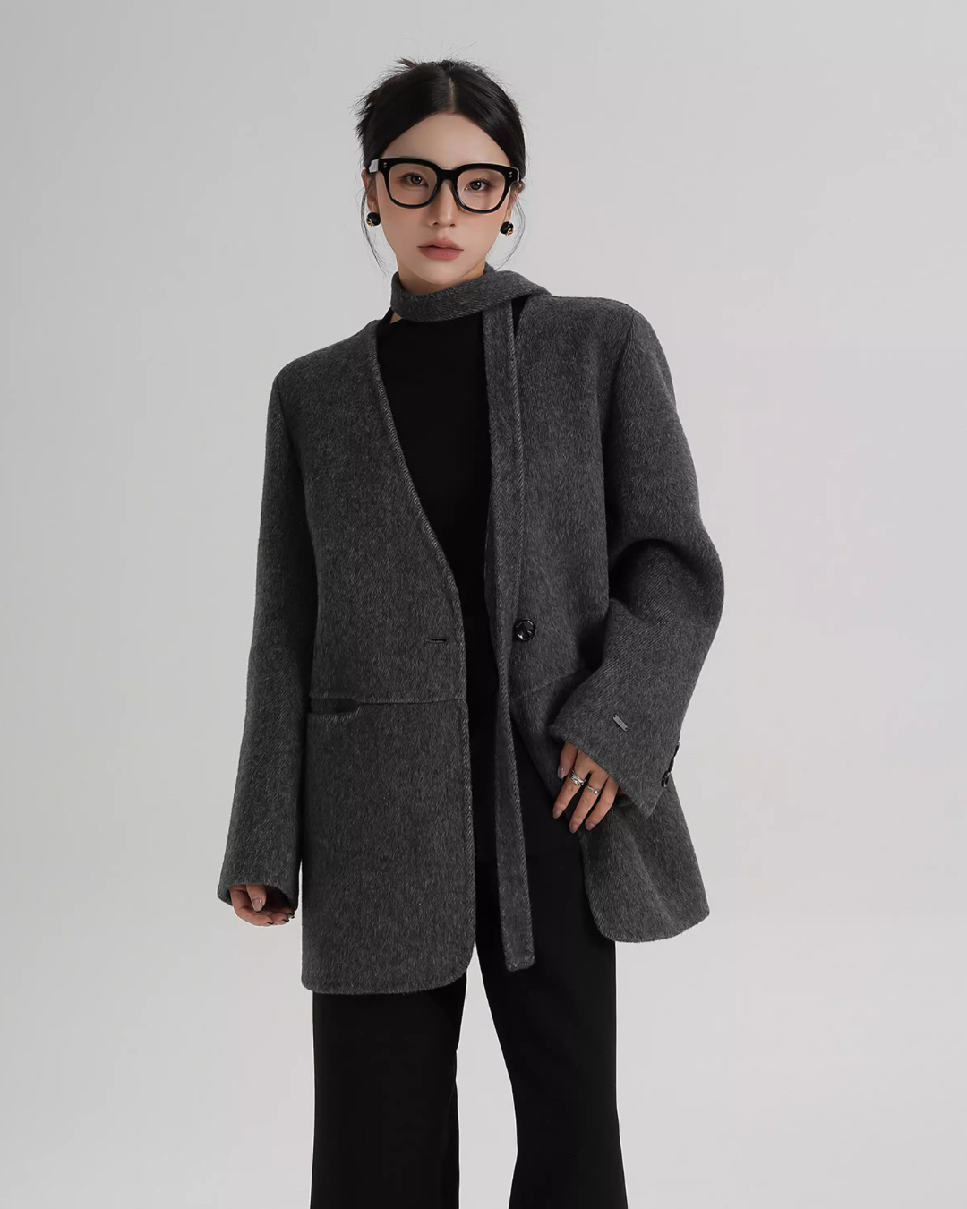 Collarless Wool Coat with Choker Collarless Wool Coat with Choker