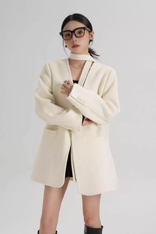 Collarless Wool Coat with Choker