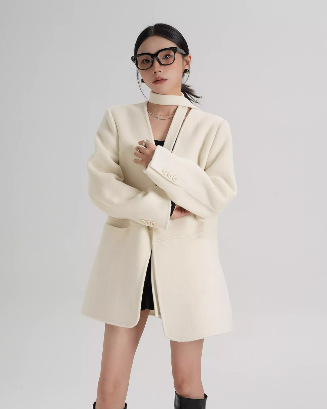Collarless Wool Coat with Choker Collarless Wool Coat with Choker