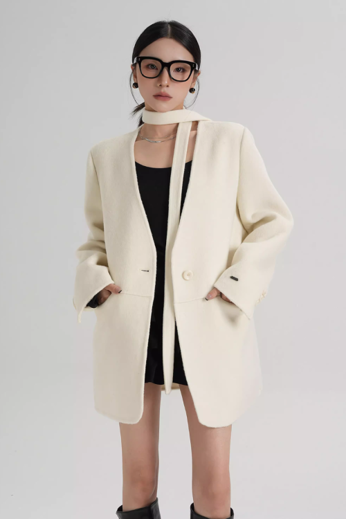 Collarless Wool Coat with Choker