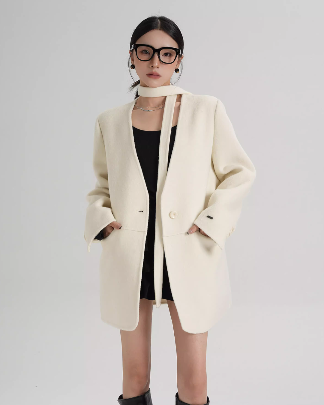 Collarless Wool Coat with Choker Collarless Wool Coat with Choker