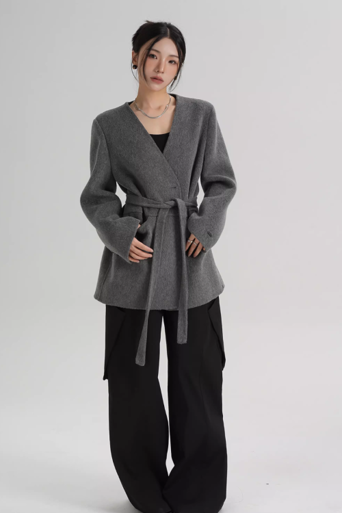 Collarless Wool Coat with Choker