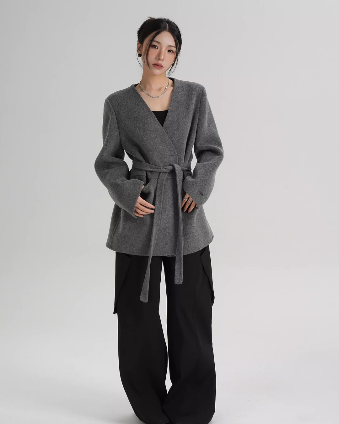 Collarless Wool Coat with Choker Collarless Wool Coat with Choker
