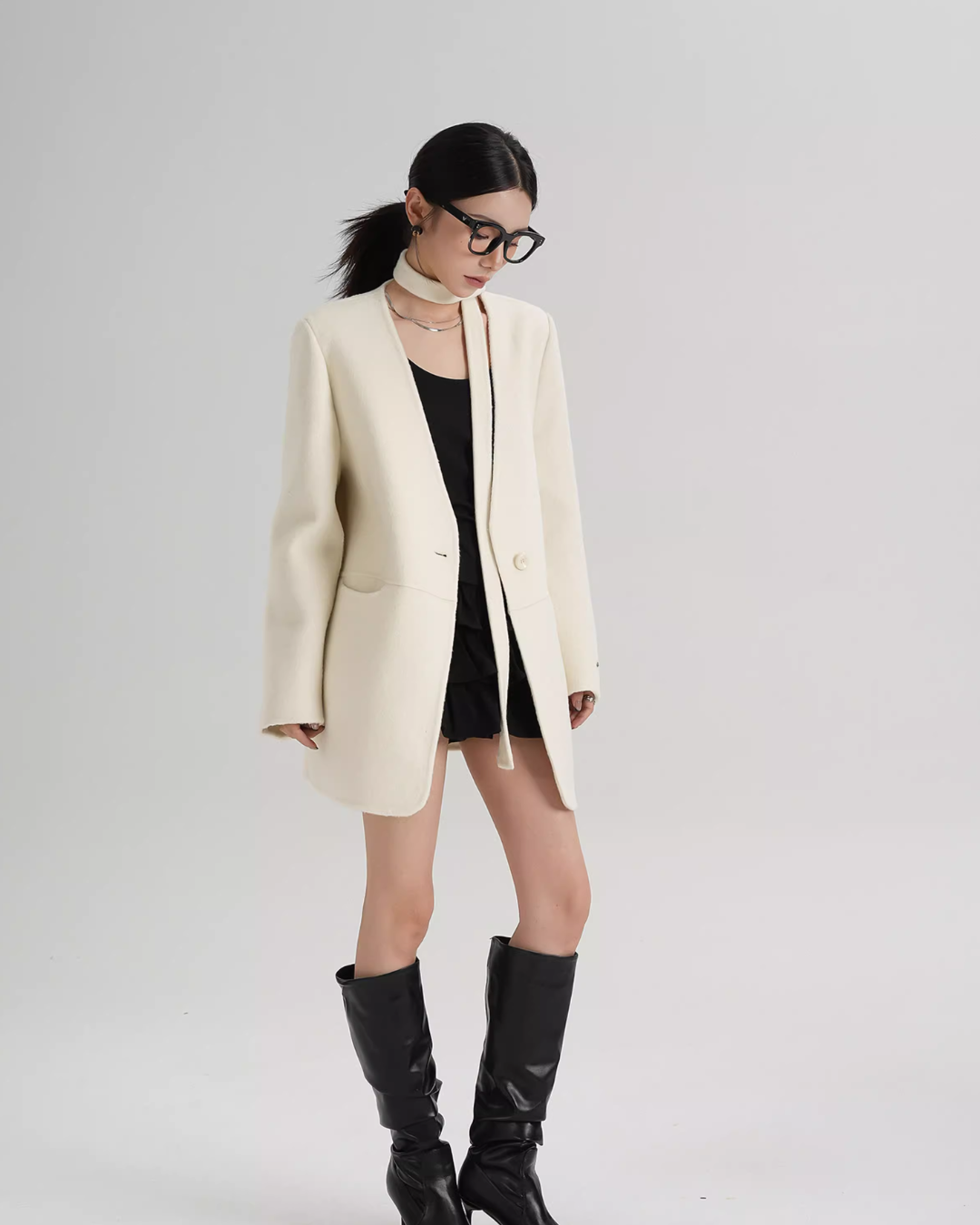 Collarless Wool Coat with Choker Collarless Wool Coat with Choker