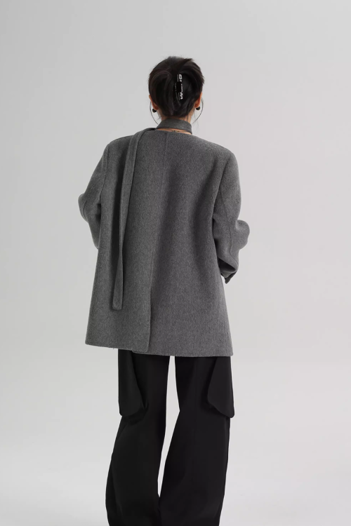 Collarless Wool Coat with Choker