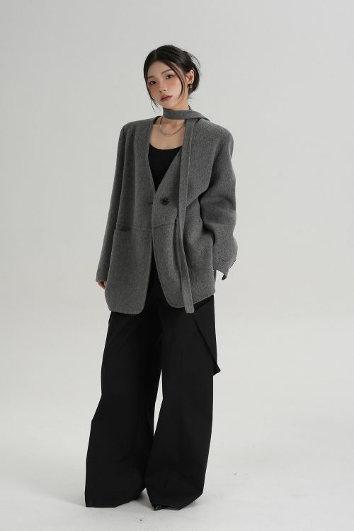 Collarless Wool Coat with Choker