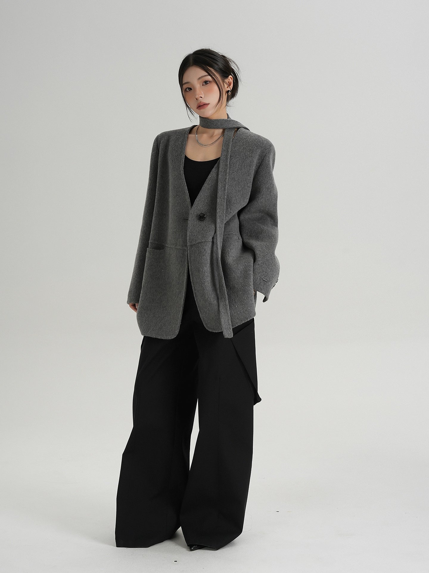 Collarless Wool Coat with Choker Collarless Wool Coat with Choker