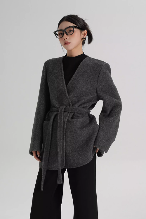 Collarless Wool Coat with Choker