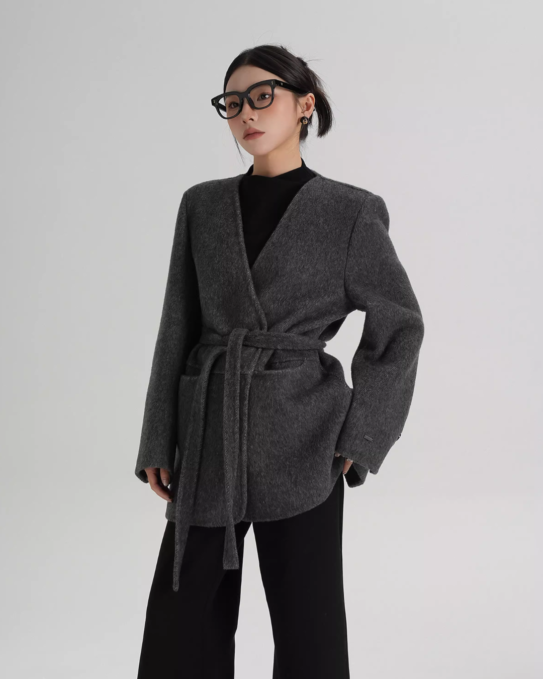 Collarless Wool Coat with Choker Collarless Wool Coat with Choker