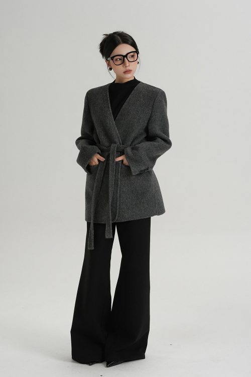 Collarless Wool Coat with Choker