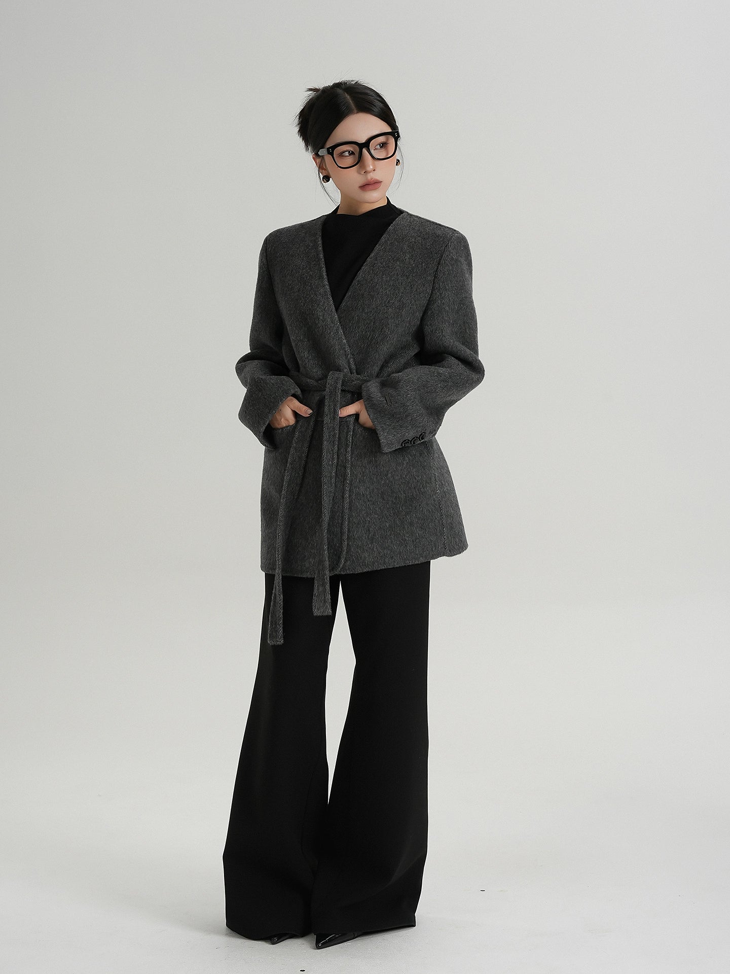Collarless Wool Coat with Choker Collarless Wool Coat with Choker