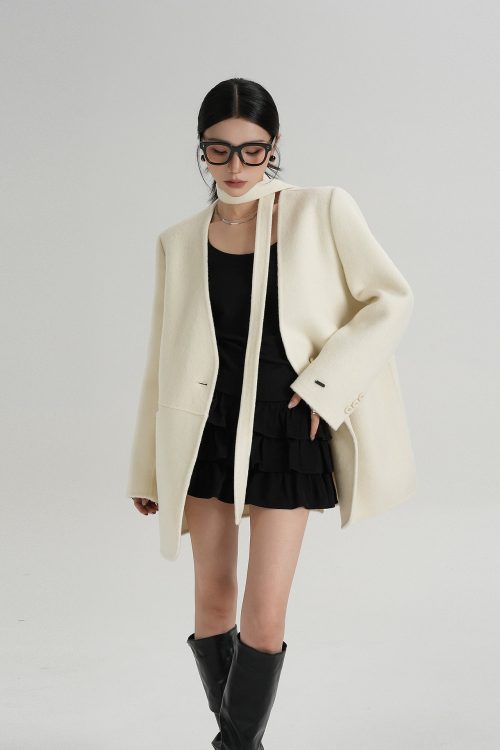 Collarless Wool Coat with Choker