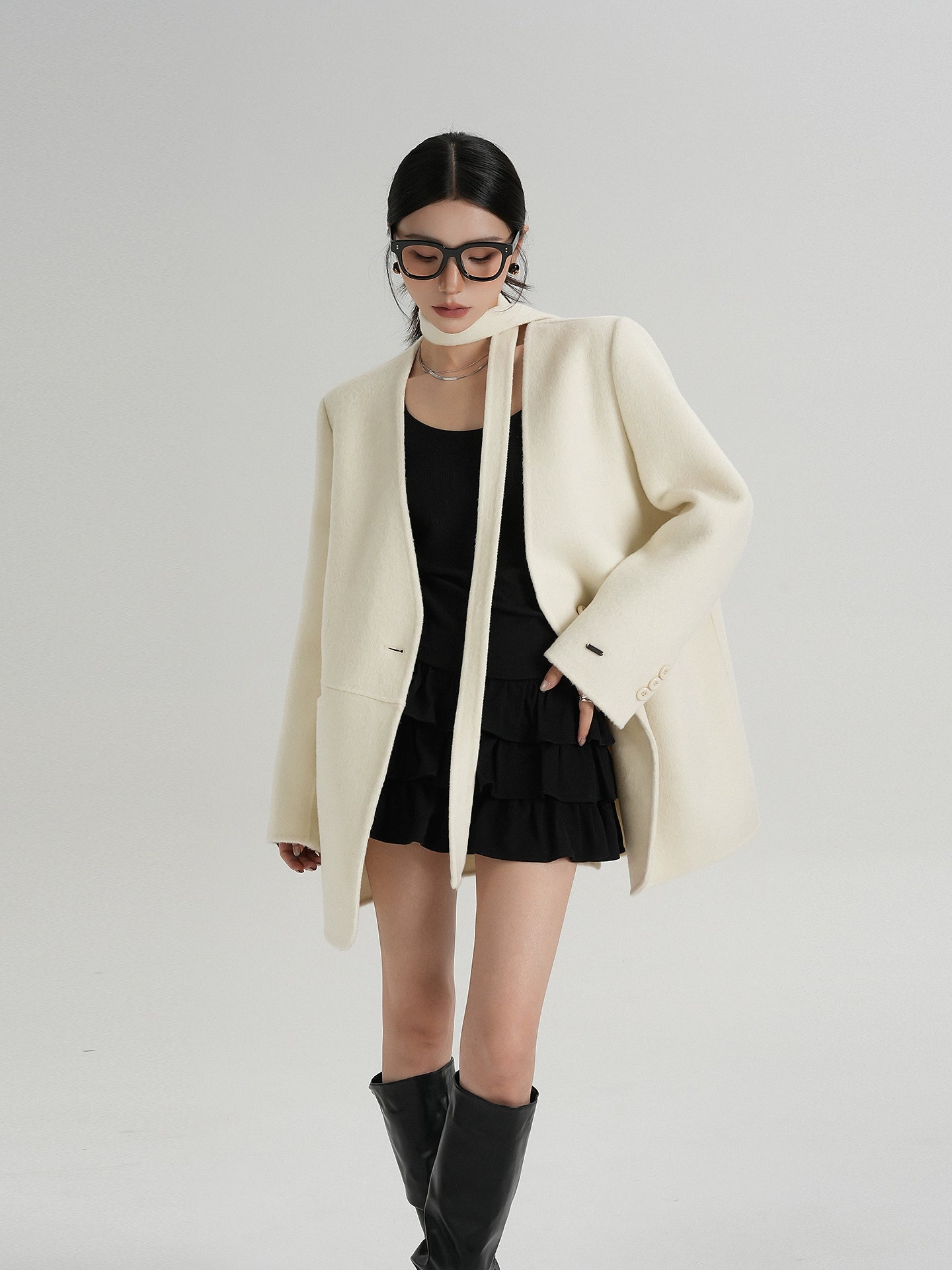 Collarless Wool Coat with Choker Collarless Wool Coat with Choker