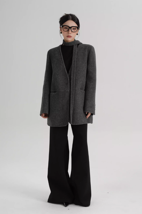 Collarless Wool Coat with Choker
