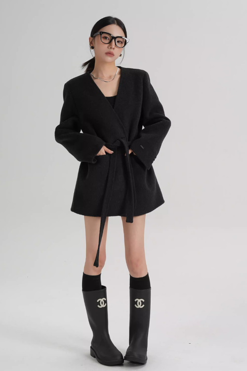Collarless Wool Coat with Choker