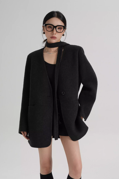 Collarless Wool Coat with Choker