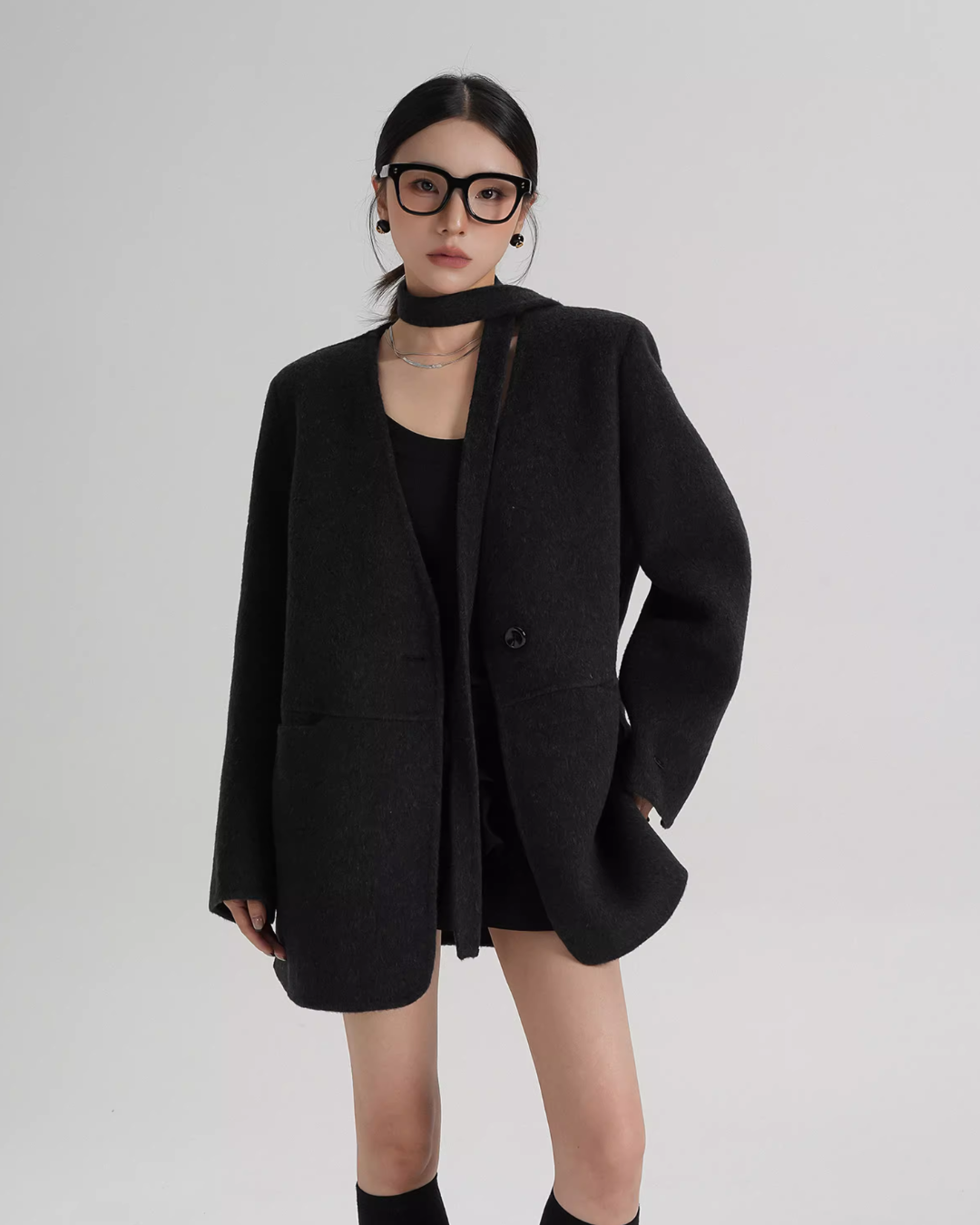Collarless Wool Coat with Choker Collarless Wool Coat with Choker