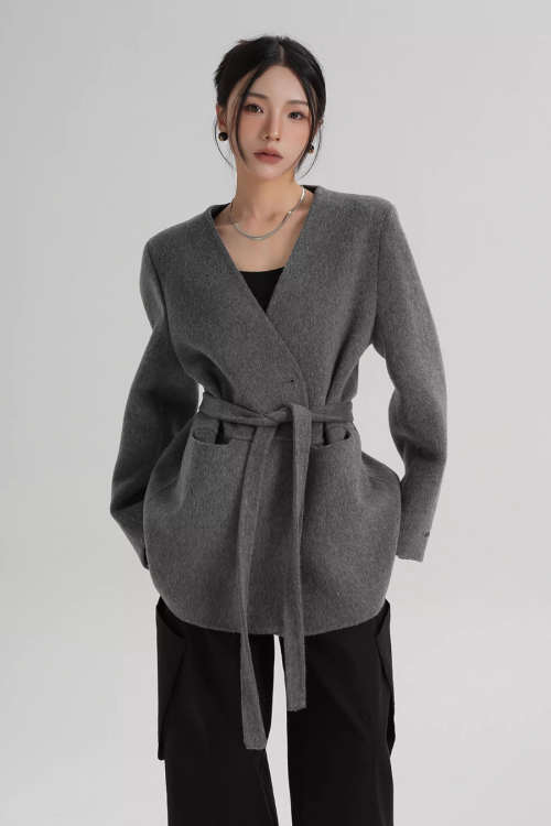 Collarless Wool Coat with Choker