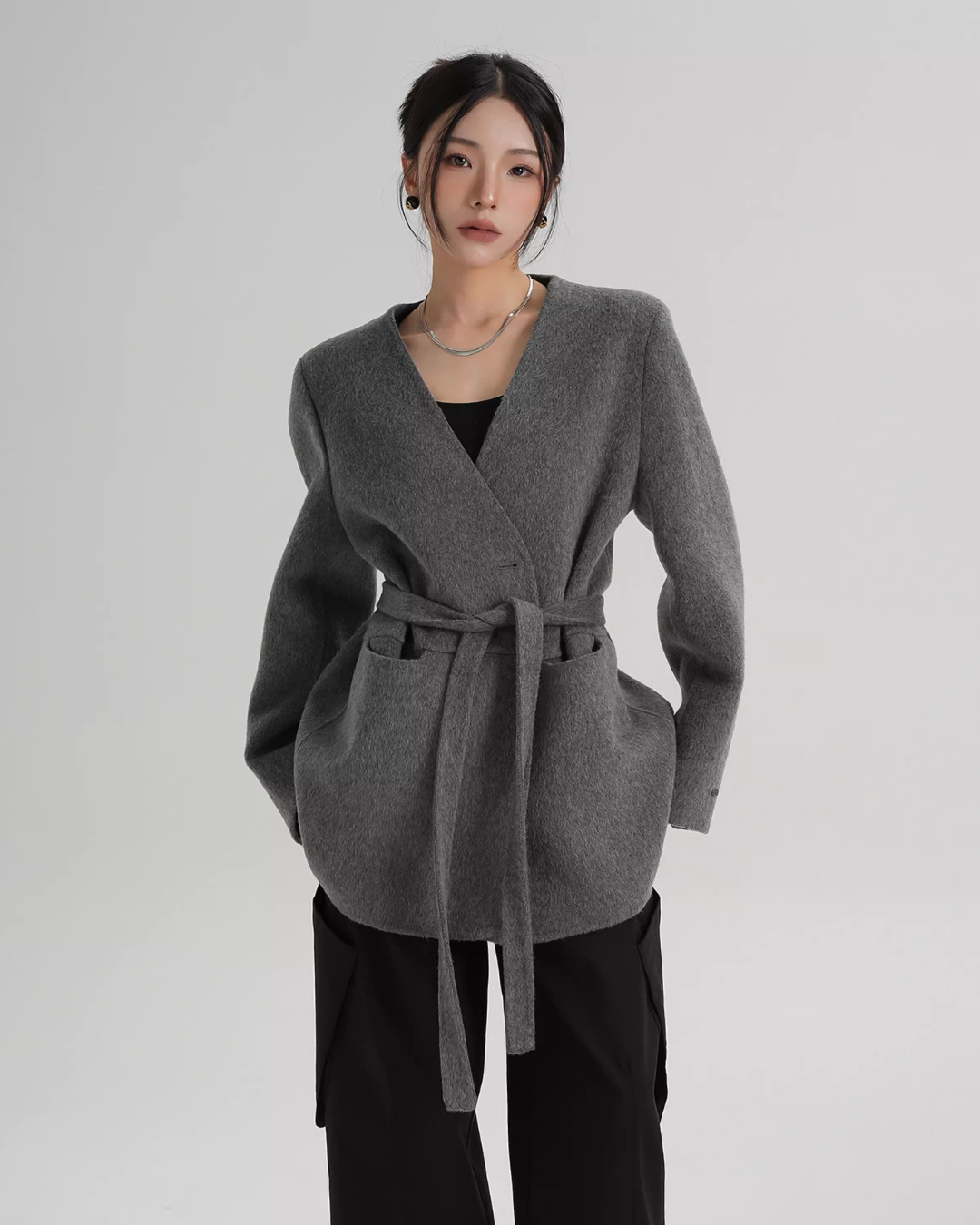 Collarless Wool Coat with Choker Collarless Wool Coat with Choker