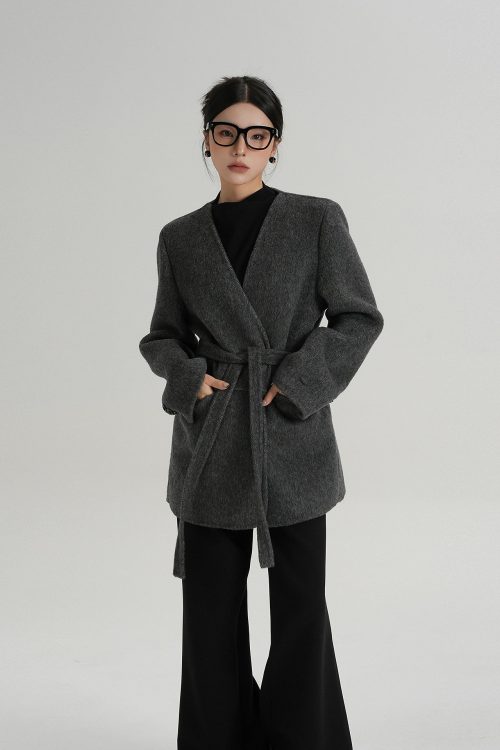 Collarless Wool Coat with Choker