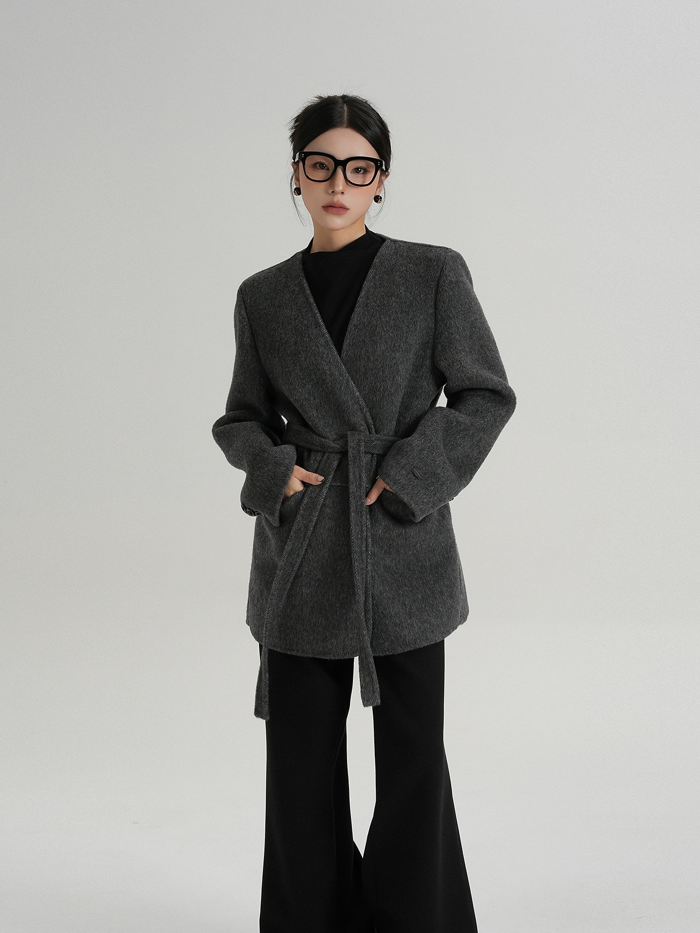 Collarless Wool Coat with Choker Collarless Wool Coat with Choker