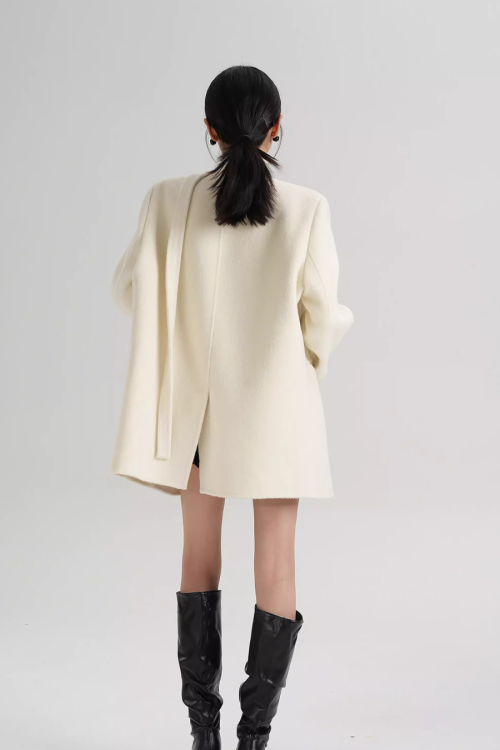 Collarless Wool Coat with Choker