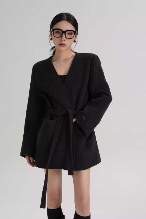 Collarless Wool Coat with Choker