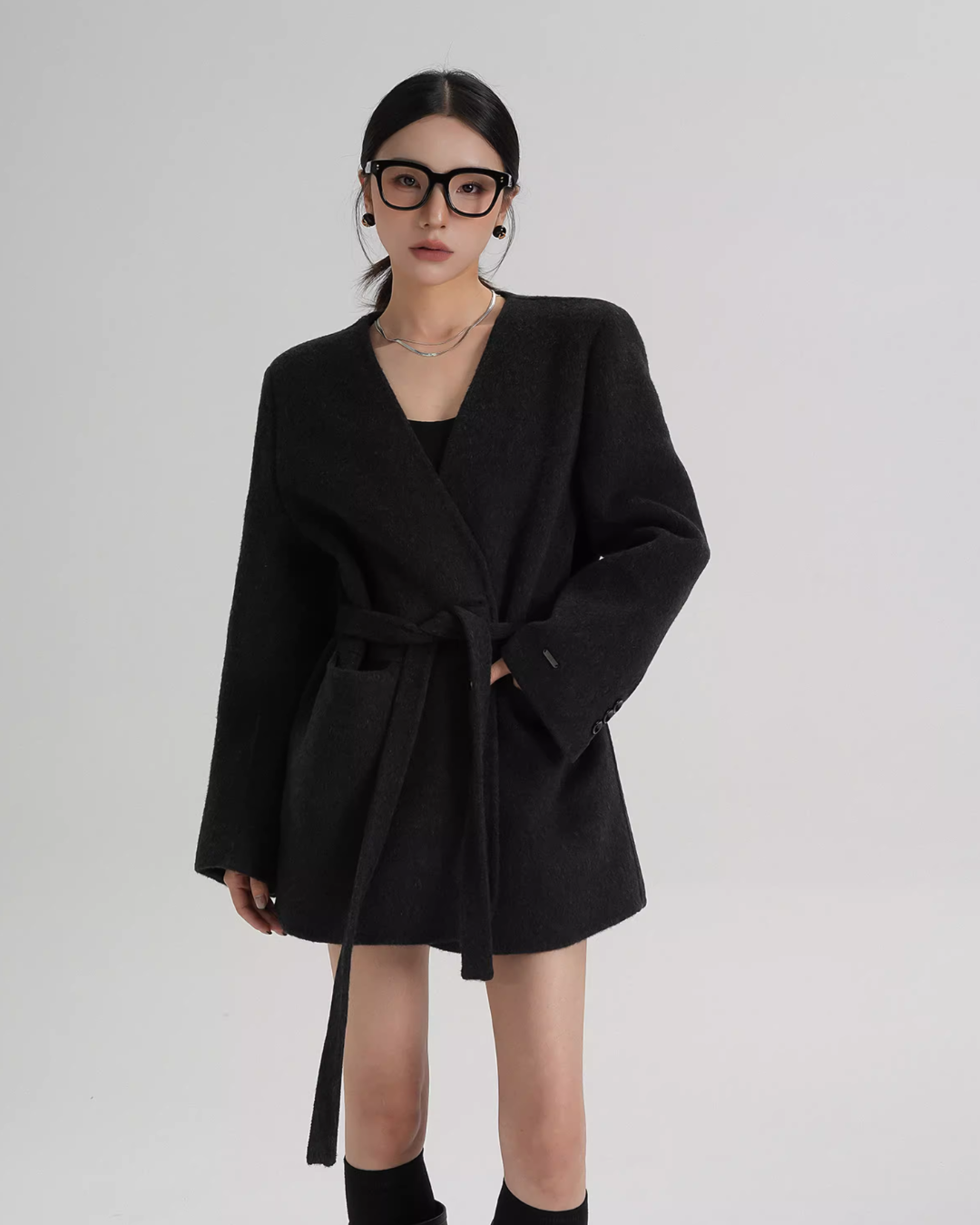 Collarless Wool Coat with Choker Collarless Wool Coat with Choker