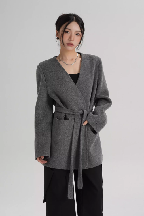 Collarless Wool Coat with Choker