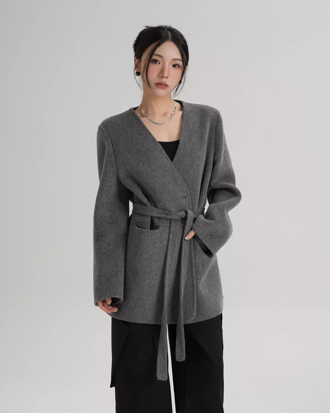 Collarless Wool Coat with Choker Collarless Wool Coat with Choker