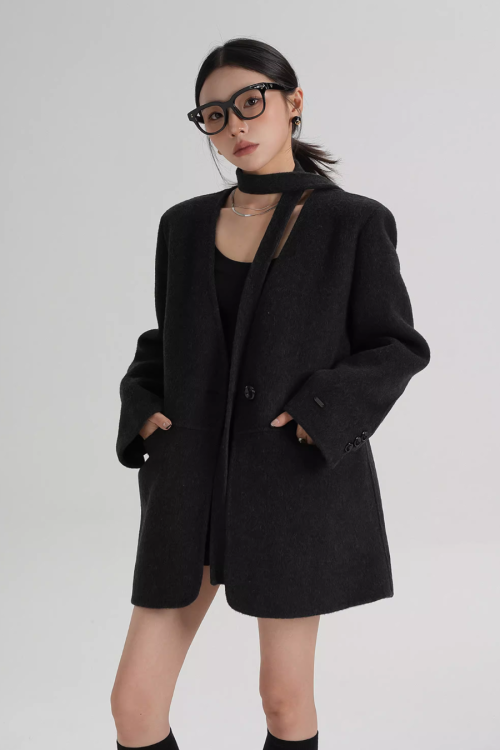 Collarless Wool Coat with Choker