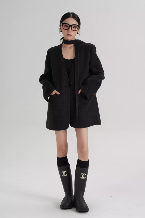 Collarless Wool Coat with Choker