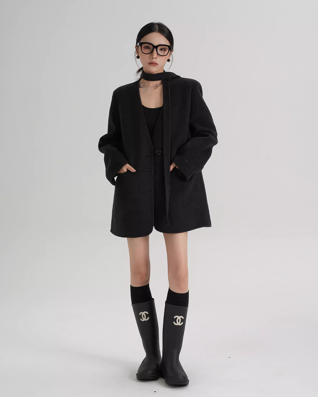 Collarless Wool Coat with Choker Collarless Wool Coat with Choker