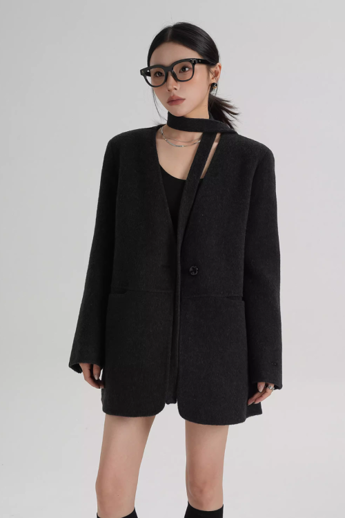 Collarless Wool Coat with Choker