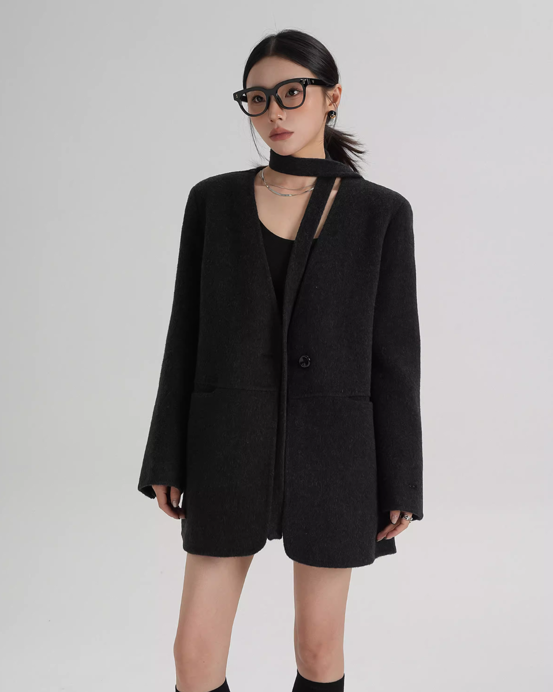 Collarless Wool Coat with Choker Collarless Wool Coat with Choker