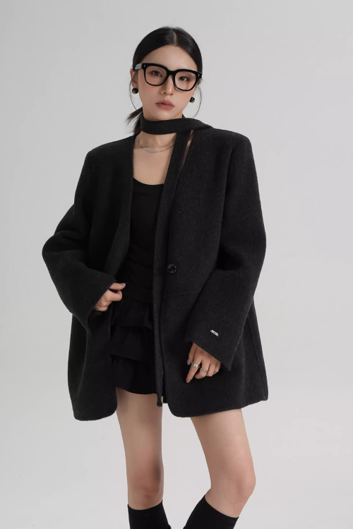 Collarless Wool Coat with Choker
