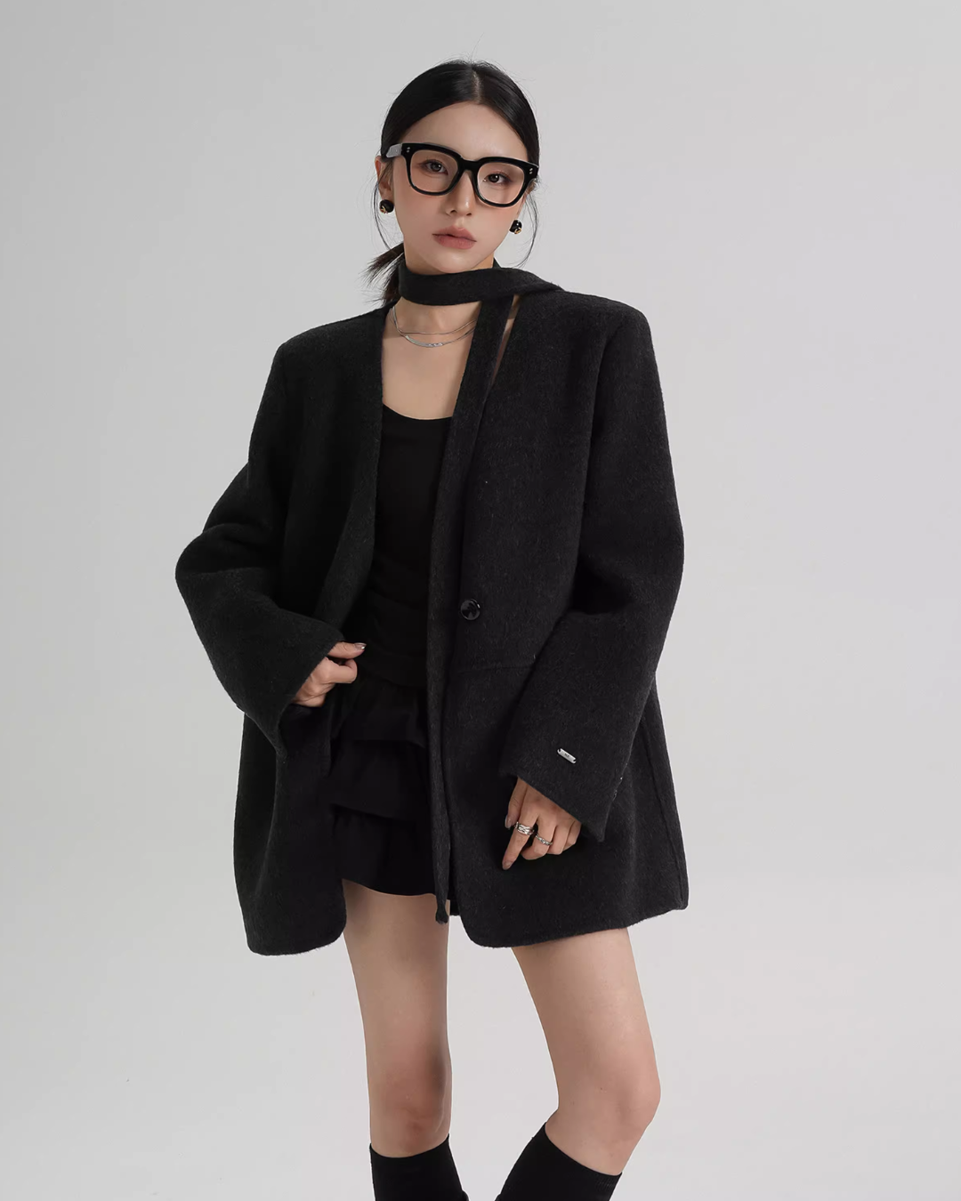 Collarless Wool Coat with Choker Collarless Wool Coat with Choker