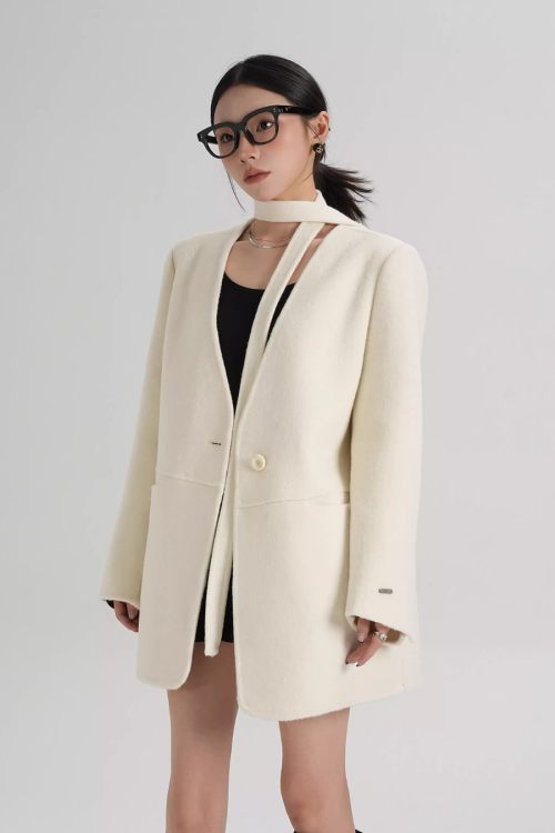 Collarless Wool Coat with Choker