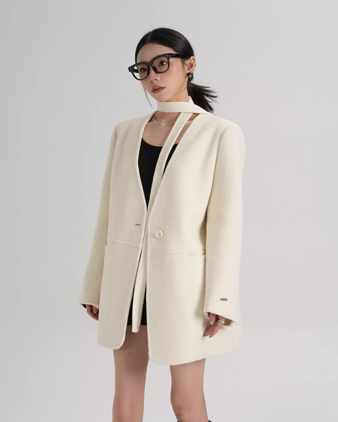 Collarless Wool Coat with Choker Collarless Wool Coat with Choker