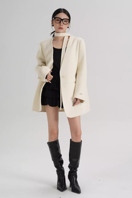 Collarless Wool Coat with Choker