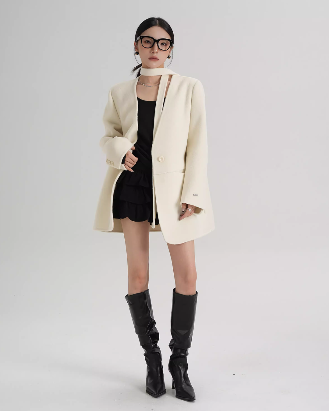 Collarless Wool Coat with Choker Collarless Wool Coat with Choker