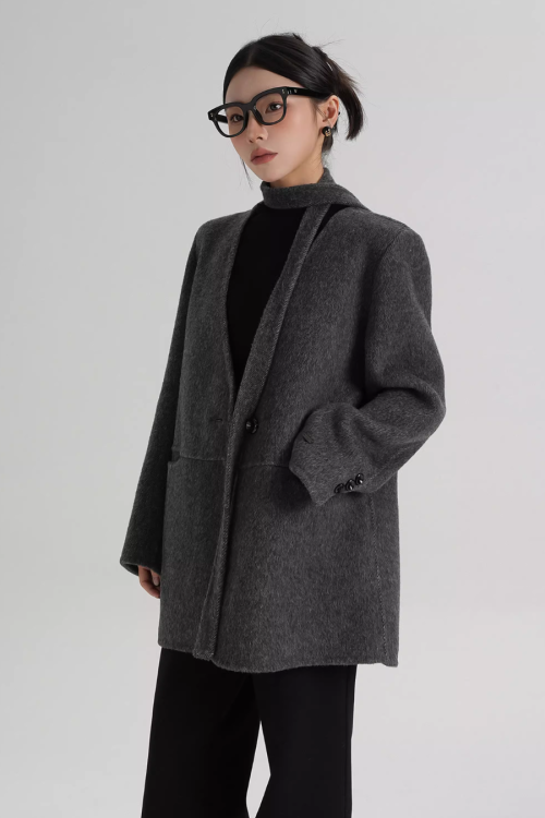 Collarless Wool Coat with Choker