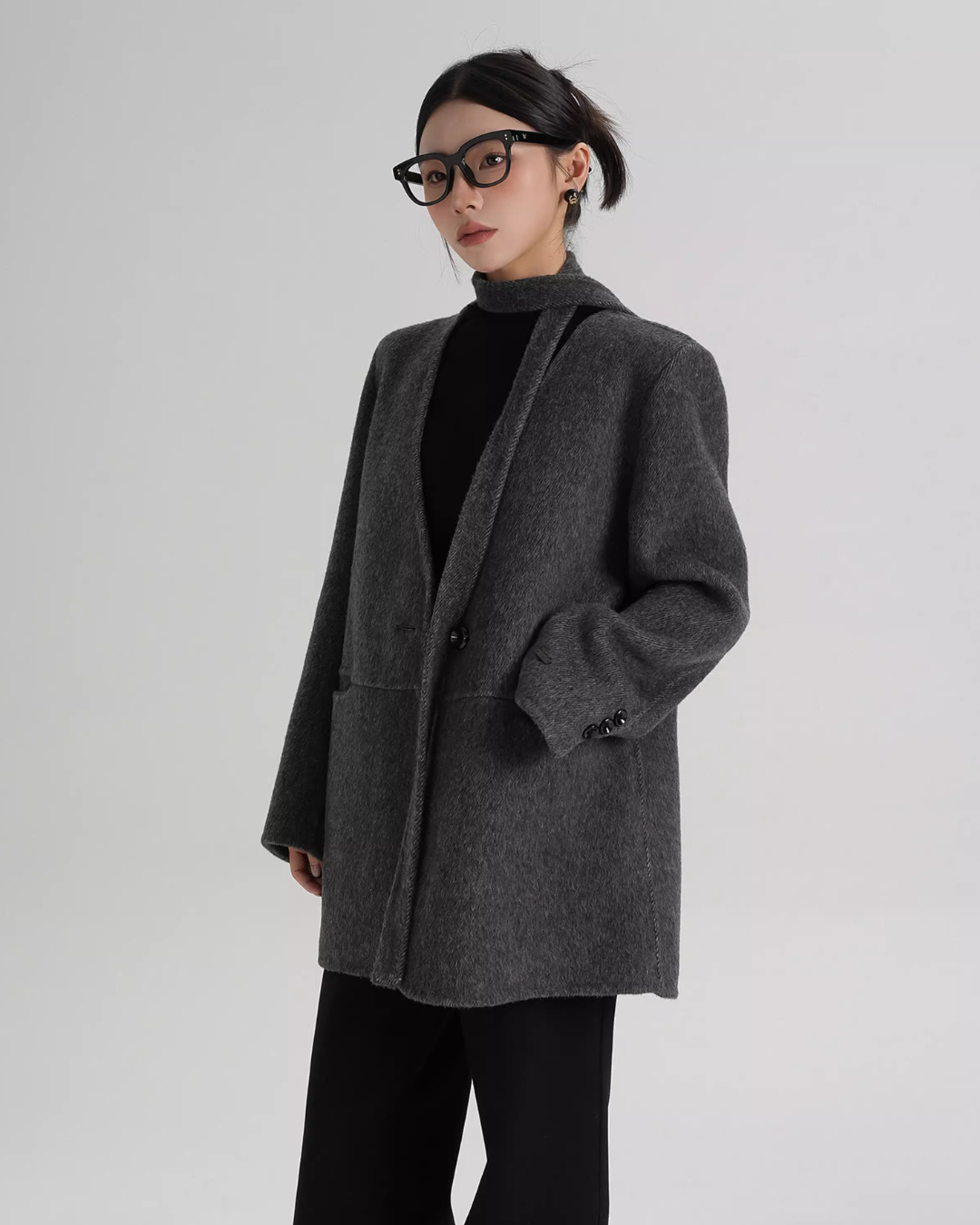 Collarless Wool Coat with Choker Collarless Wool Coat with Choker