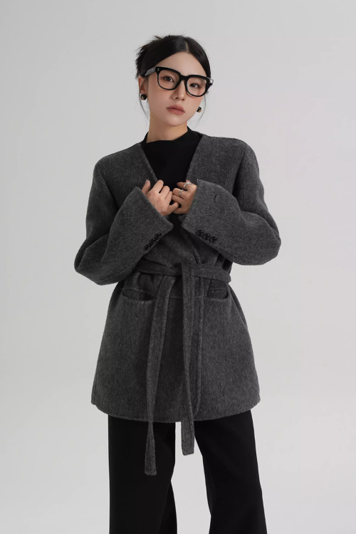 Collarless Wool Coat with Choker