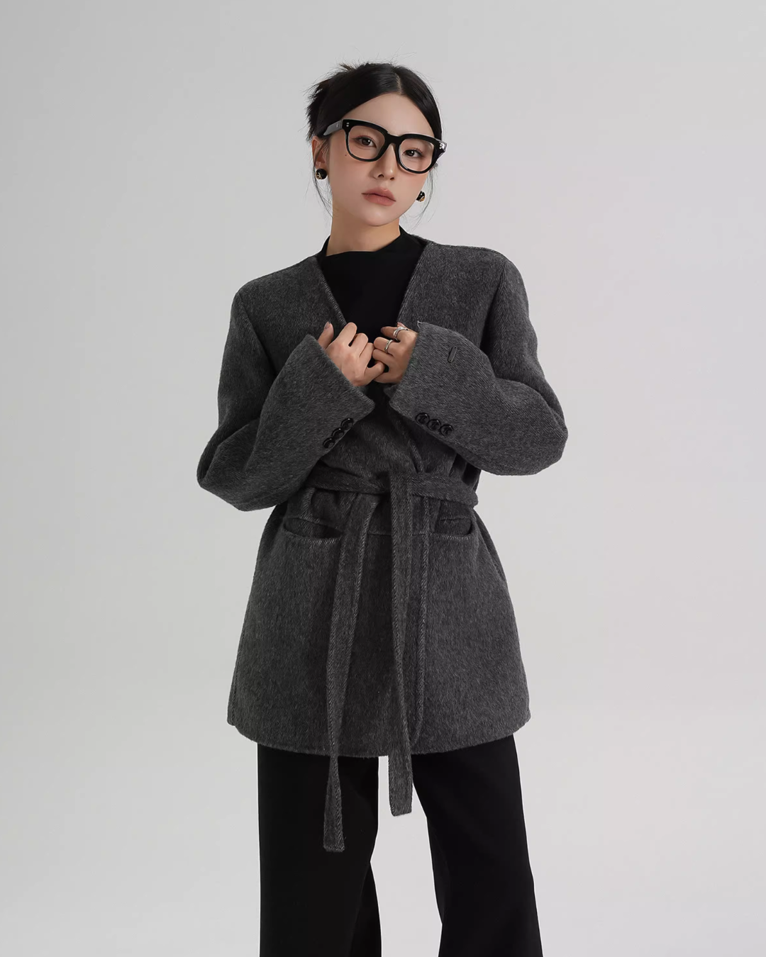 Collarless Wool Coat with Choker Collarless Wool Coat with Choker