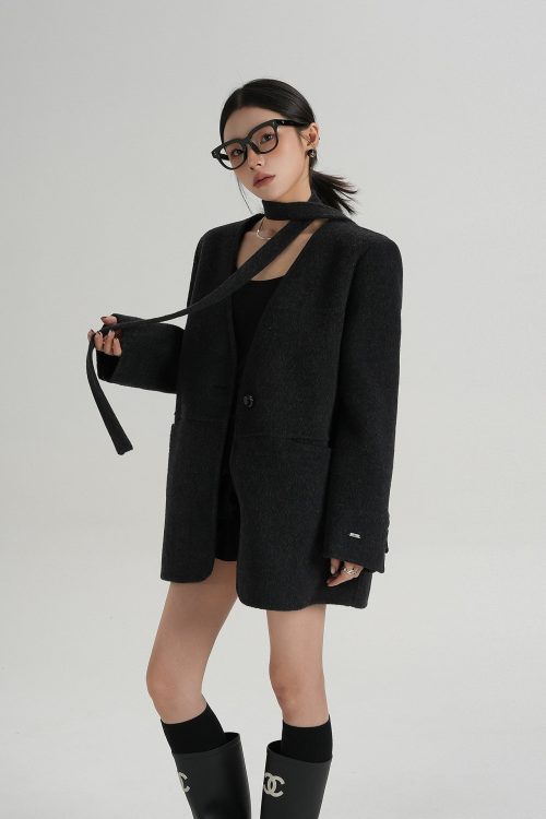 Collarless Wool Coat with Choker